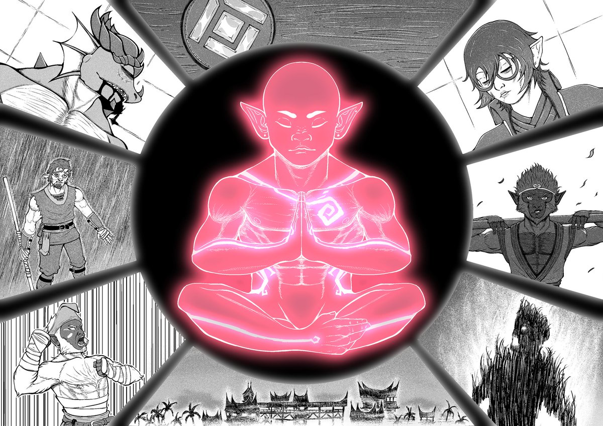 _monyek_'s tweet image. An illustration i did for Kancé my character for a DnD campaign. This picture show the process.that lead him to take Way of the Open Hand subclass.

#dnd #dnd5e #DnDcharacter #apeling #dragonborn #halfling #firbolg #monk #monkey #wayoftheopenhand #meditation #rumagadang