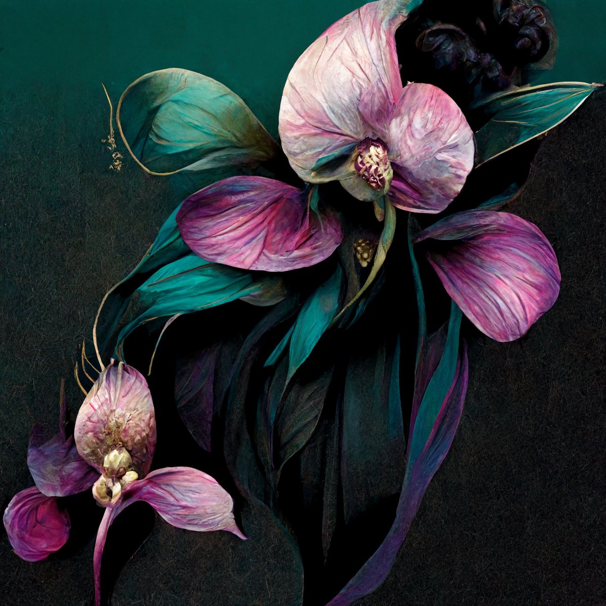 brandfuturist's tweet photo. @theChrisDo What prompt did you use to generate that? I generated this yesterday for a #stylescape. This was: moody floral art with orchids, using jewel tones, illustration, dark, eclectic, emerald, fushia, elegant https://t.co/j7VhqpIv9s