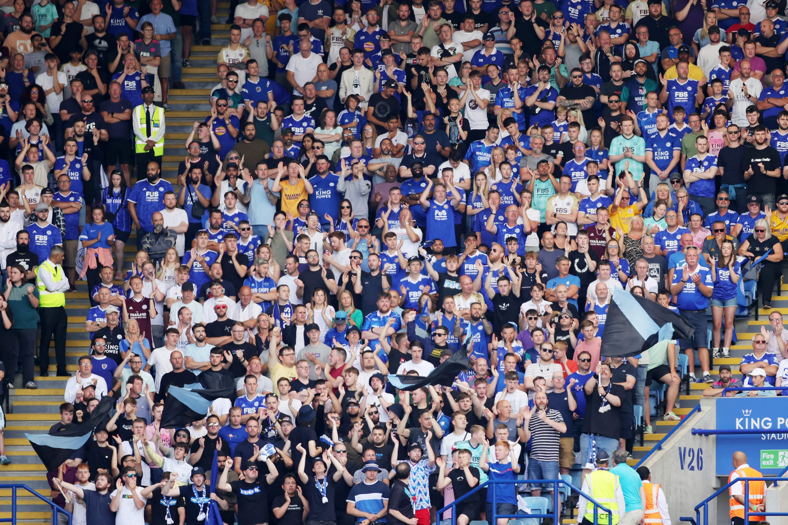 A wide shot of the Leicester City fans at King Power Stadium.