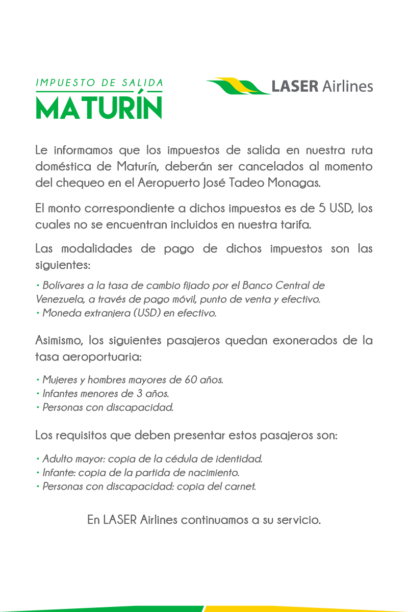 Laser Airlines on Twitter "Estimado pasajero, le informamos los