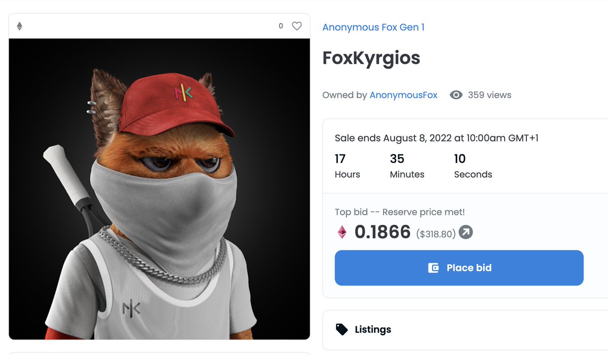 Join the auction for a chance to own our official @NickKyrgios #AnonymousFoxNFT - all proceeds are going to the @foundation_nk to help sporty kids. The auction ends in 17 hours⏱️Get your bid in 🦊 Auction Link: bit.ly/3JjMRwS #nickkyrgios #ETH #NFTs #NFTCommunity