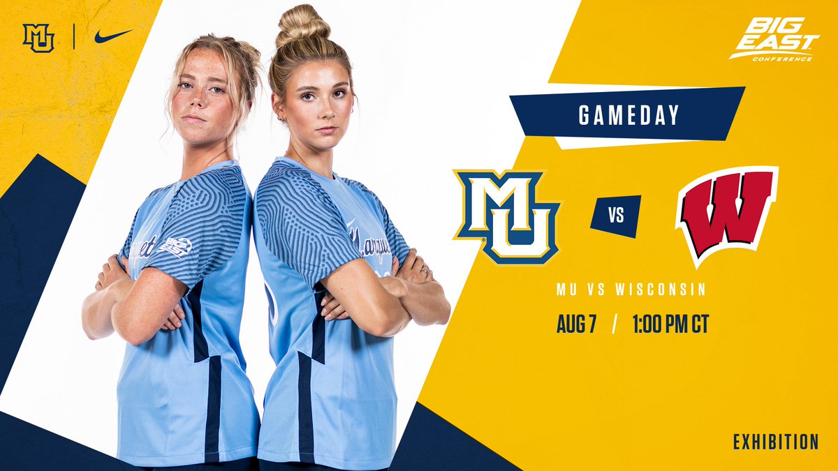 MarquetteWSOC's tweet photo. See you at Valley Fields today for our first exhibition match vs Wisconsin! FREE ADMISSION for everyone, match starts at 1 p.m. CT!  
🔵🟡🔵🟡

#WeAreMarquette https://t.co/NSdQ4BWhWO