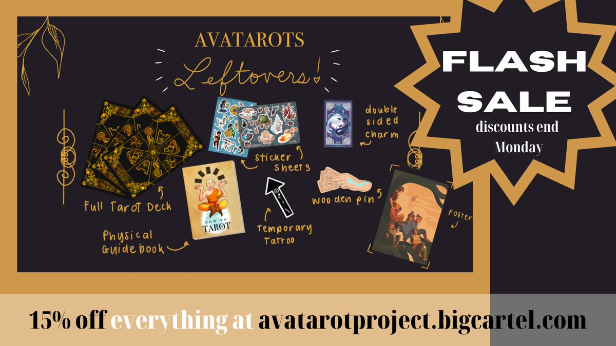 avatarots's tweet photo. 🔥FLASH SALE ALERT🔥

Everything at the store is on sale (no code needed) for Sunday and Monday! We're closing leftover sales for good in a few days, so get your ATLA tarot deck while the sale is running!

https://t.co/kYdVyaYsuK https://t.co/lCERKn1uX4