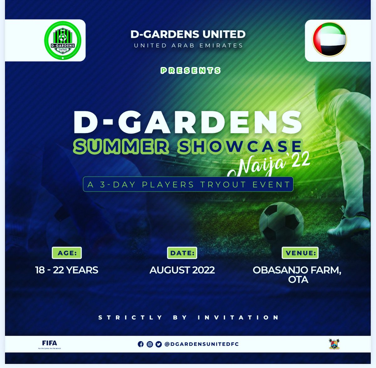 The much awaited D-Gardens Summer Showcase kicks off tomorrow at Ota.
The door is still open to a few interested players, reach out to me asap!

#playerrecruitment #naijafootball #tryout