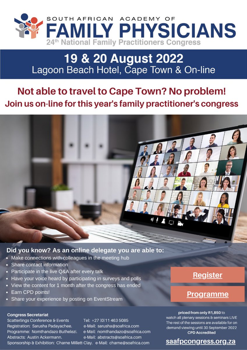 Not able to travel to #CapeTown? Join us #online at the #SANFPC22 in #2weeks - we cater for the #CPD needs of #primarycare clinicians in both #public and #private sectors. Visit the conference website: saafpcongress.org.za.
#generalpractice #primaryhealthcare #familymedicine