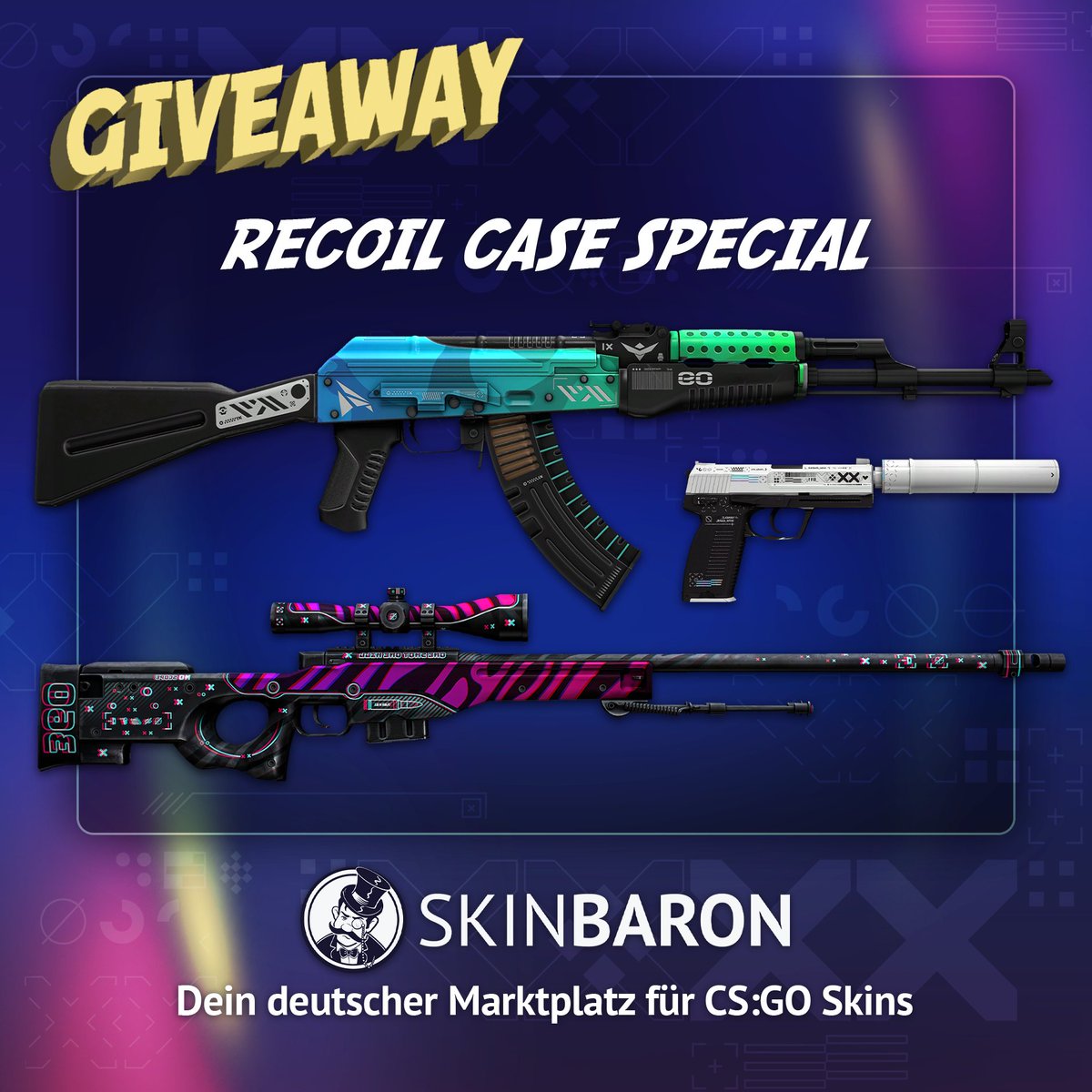 Endlich wieder #Giveaway Zeit! 😍
Drei glückliche Gewinner können sich auf die besten Skins der Recoil Case freuen! 🥳

Das musst du dafür tun:
✅Folge <a href="/SkinBaronEN/">SkinBaron.com</a> und <a href="/SkinBaronDE/">SkinBaron.de</a>
✅Retweet
✅Markiere 2 Freunde

Das Giveaway endet am 22.08.2022⏰
Viel Glück an alle! 🍀
