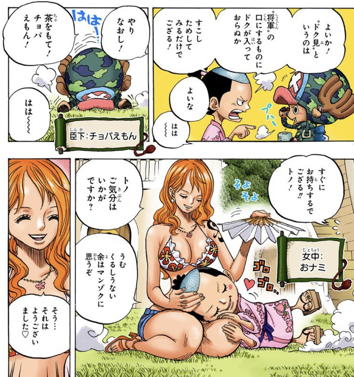 キリ on X: #今週のワンピ 「ルフィ太郎」等のワノ国ネーミングの内 ナミ サンジ チョッパー ブルックの モモの助とゾウに先行した4人はモモの助が命名しました  だから今でもそう呼んでいます そして恐らくサンジだけここでサン五郎呼びをやめたんですかね？ t ...