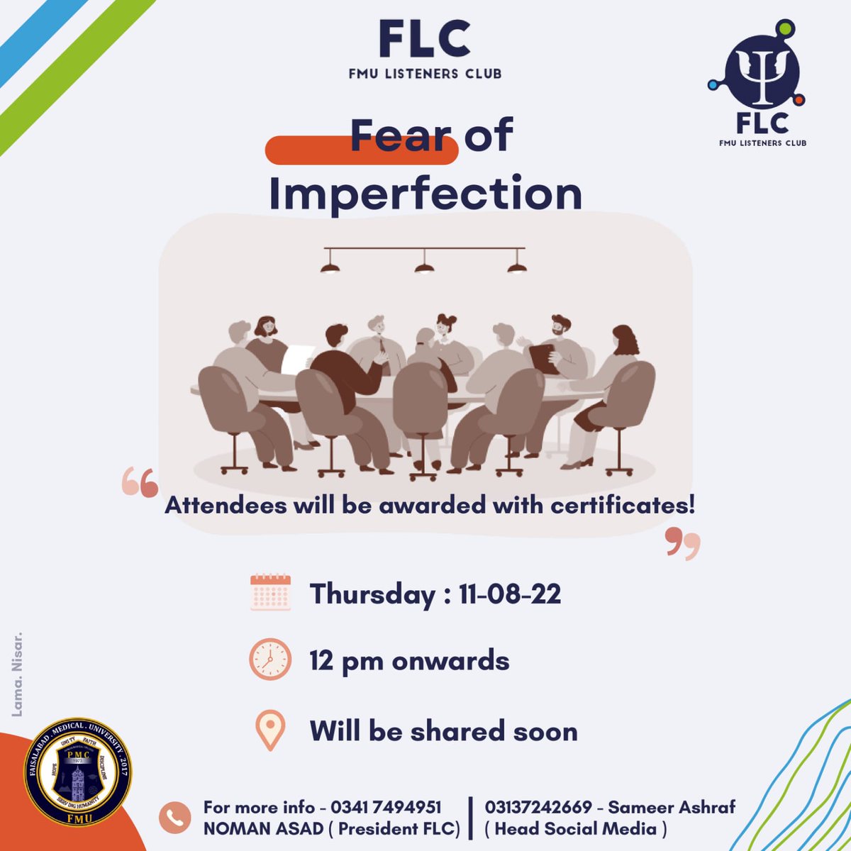Table talk session of FLC on topic 'Fear of imperfection' will be held on 11 August, thursday from 12pm onward.
Come and join the informative session

#fearofimperfection 
#mentalhealth 
#MentalHealthAwareness