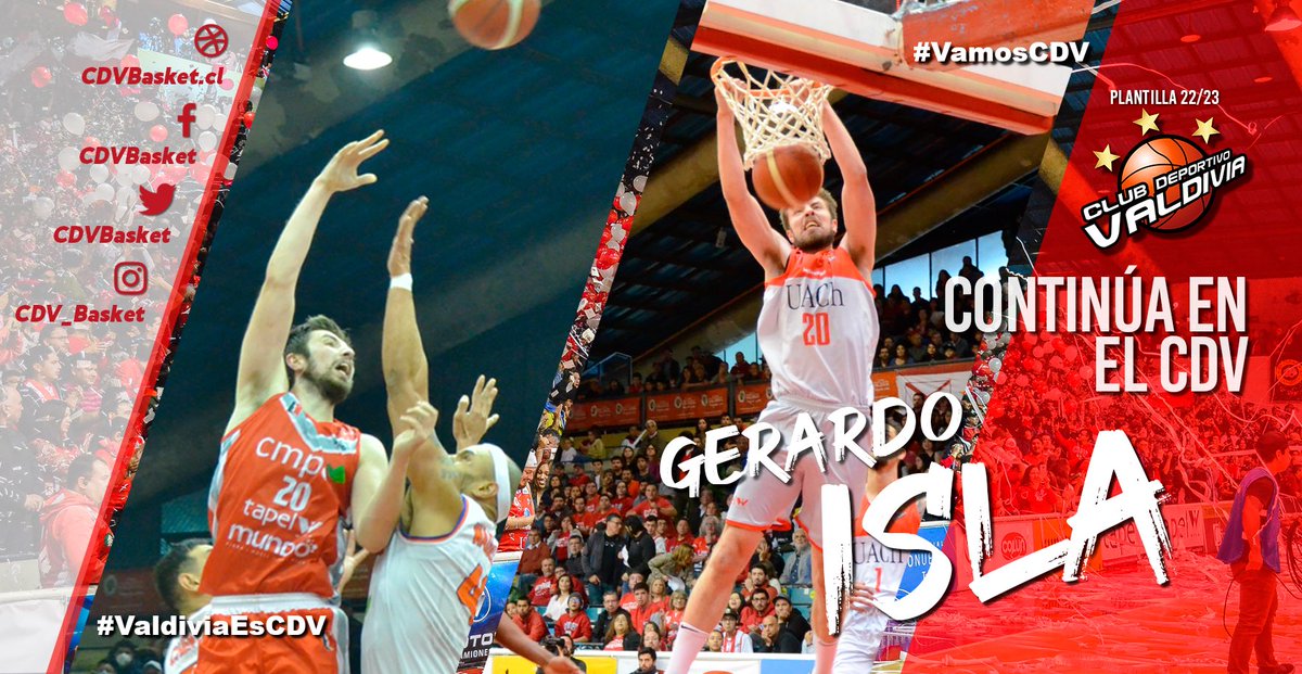 CDVBasket's tweet photo. 🔴 ¡CONTINÚA EL CAPITÁN!

El ala pívot del CDV, Gerardo Isla seguirá en el Club. En su palmarés, tiene el título de la Liga Saesa en 2016 y 2017, y además, el de la Liga Nacional en 2018-19. 

¡A ROMPERLA, PAPITA!

#VamosCDV 💪🏀🇯🇪 #ValdiviaCL #LNBChile https://t.co/Y5GfVrJ08U