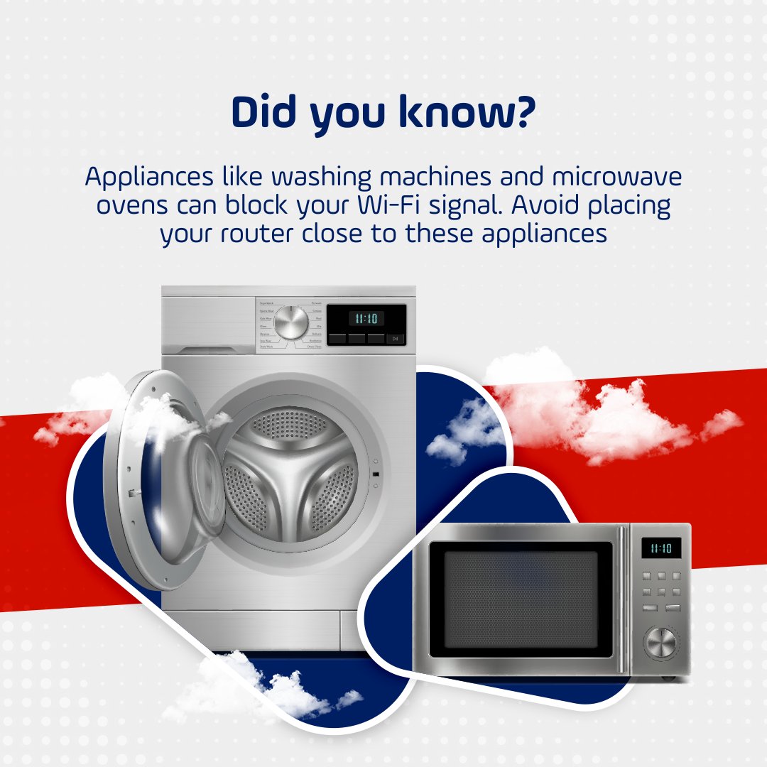 bnetconnects's tweet photo. 💦 Did you know that some appliances within your house can block your WiFi signal? Make sure to move your router away from water-based appliances
#BNETConnects #Bahrain #FiberFast https://t.co/1hj3Gj8xgp