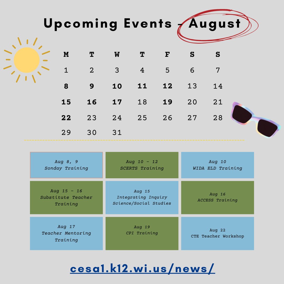 Check out what we’ve got going on at CESA 1 in August! ow.ly/YSAq50K9Plt #EducatorPD #ProfessionalLearning