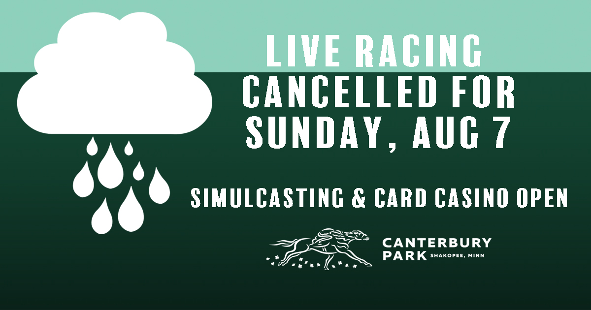 The lawns and fields in Minnesota could use a little rain. Unfortunately live racing has been cancelled for Sunday, August 7, 2022. Dodge the raindrops and stay indoors. Join Canterbury Park for simulcast racing, card casino action and great food. #weather #rain #MNweather https://t.co/jPwRfGKNoP