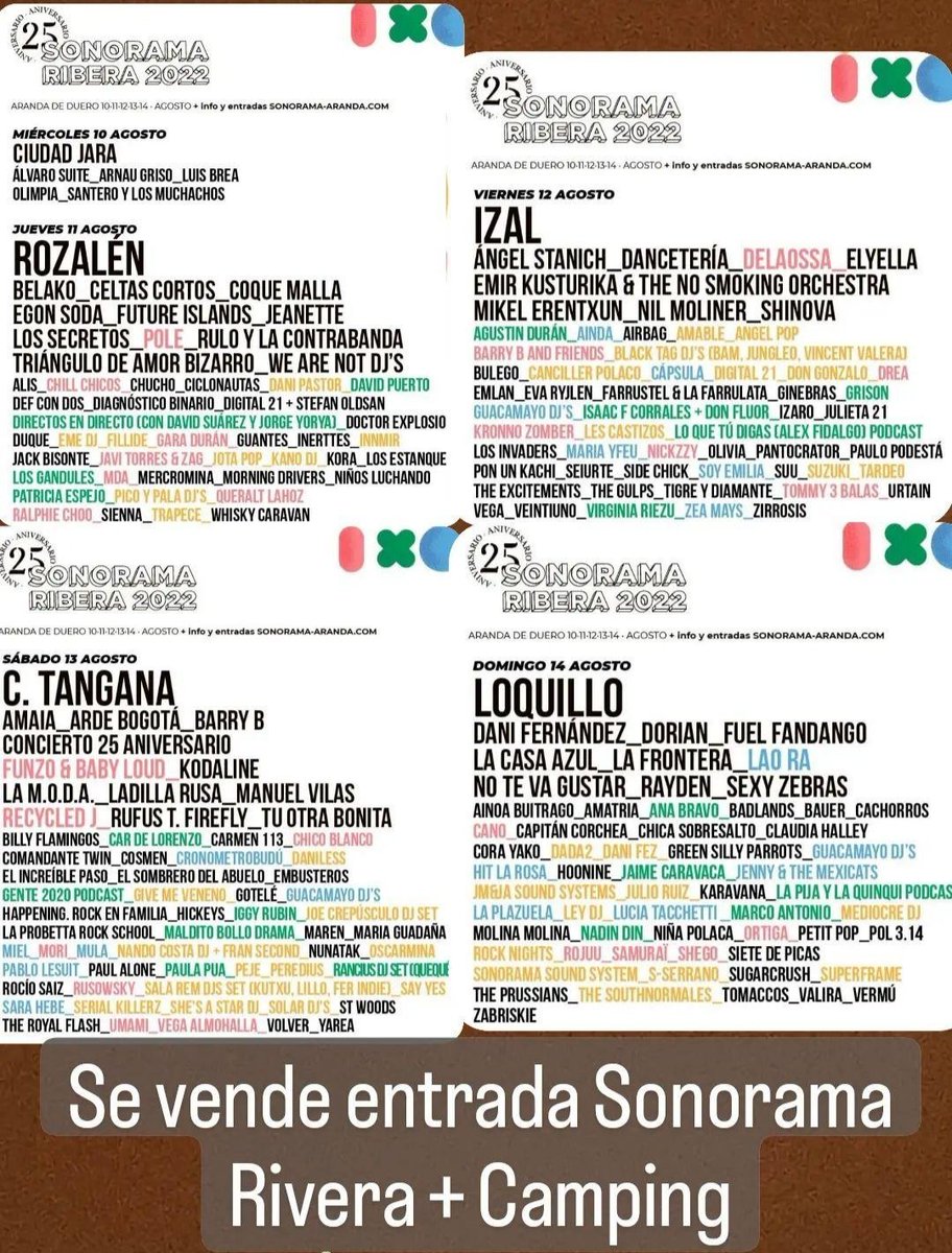 Vendo una entrada para el Sonorama Rivera + Camping, interesados, habladme por MD, de agradece difusión 😄