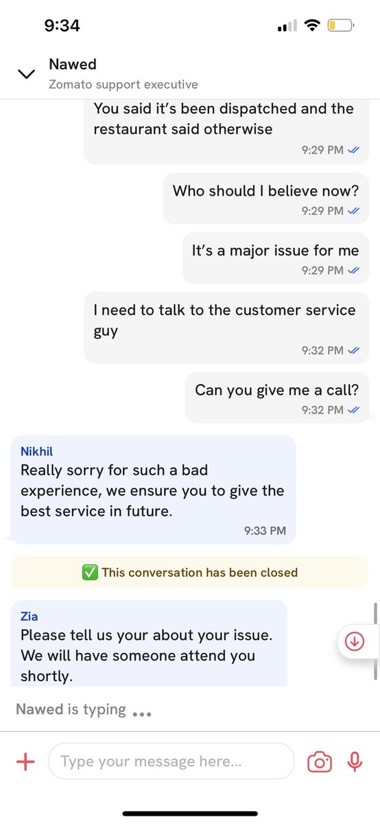 Memeghan7's tweet photo. #zomato @zomatocare @zomato 
Horrible dude - Nikhil (your customer service agent) doesn’t know shit about how to talk to a customer. As for the communication with dominoes-please improve it. Cant even provide me for a refund/coupon for my inconvenience. it’s my last order from em https://t.co/mU1pNW8Qz2