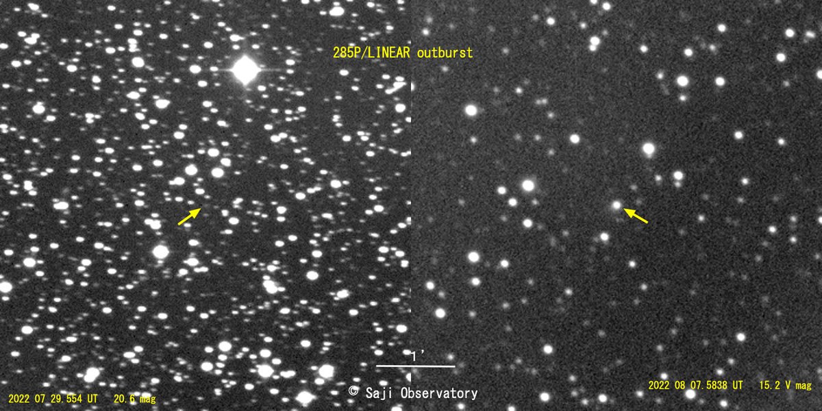 SajiObservatory's tweet photo. 7月28日と29日に、約9年ぶりとなる今回帰での世界初観測となった「リニア彗星（285P/LINEAR）」（この時は20.6等）が、爆発的に明るくなり、先ほどの観測では15.2等と100倍以上も大増光しました！ #さじアストロパーク #星取県 #鳥取市 #comet #285P #outburst https://t.co/crPV2lLDQF