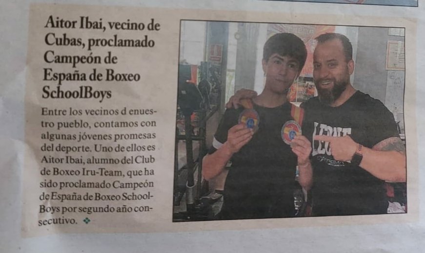 IRUTEAM's tweet image. Muchas gracias por la mención en su periódico al ayuntamiento de cubas de la Sagra  a IBAI nuestro boxear Schoolboys de 12 años de edad que ya cuenta con dos títulos nacionales seguidos.