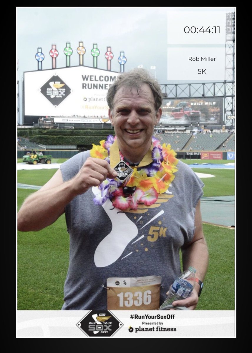 robmille's tweet photo. Some professional race pics at the start finish and medal pic from near home plate. #RunYourSoxOff #SweatyAF https://t.co/rSE0gq4KgD