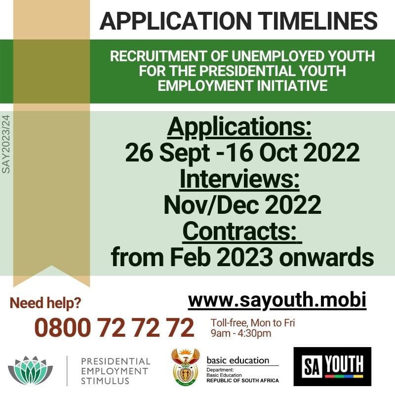 [JOB OPPORTUNITY] Applications for unemployed youth in the Presidential Youth Employment Initiative will be from 26 September 2022 - 16 October 2022.

Register or log in on sayouth.mobi to apply when applications open.

#JobSeekersSA