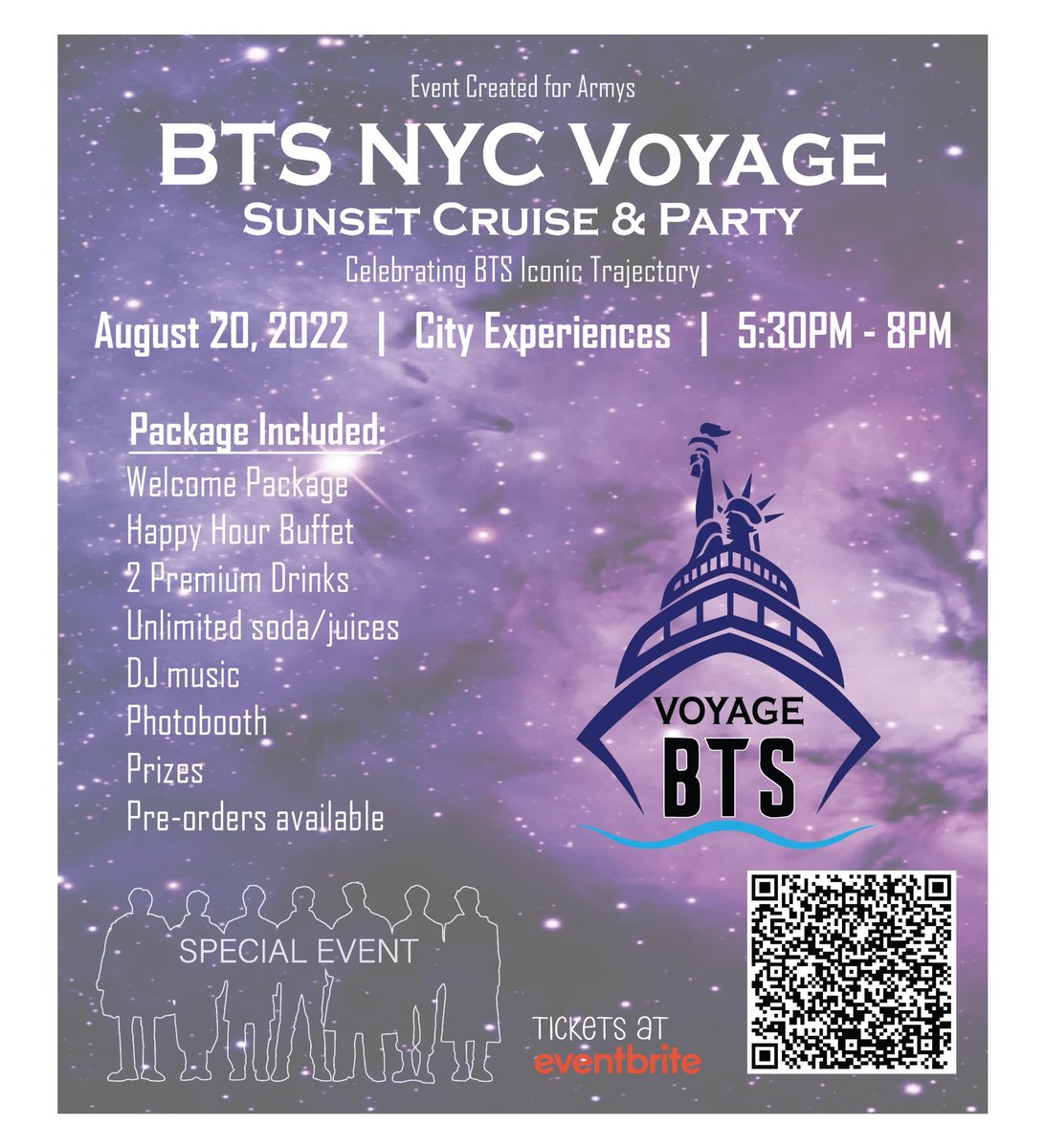 BTS NYC VOYAGE-SUNSET CRUISE AND PARTY- AUGUST 20TH. PIER 15 .New York City. 
<a href="/BTS_twt/">방탄소년단</a> @dilubraga
<a href="/bts_bighit/">BTS_official</a>
<a href="/nycinsiderguide/">NYC Insider</a> #BTSKpop
#BTS #BTS_twt #KPOP
#BTSARMY #jhope #JIN
#v #RM #JK #SUGA #JIMIN #NYC #party #seokjin_vocals x.com/i/spaces/1nAKE…

eventbrite.com/e/bts-nyc-voya…