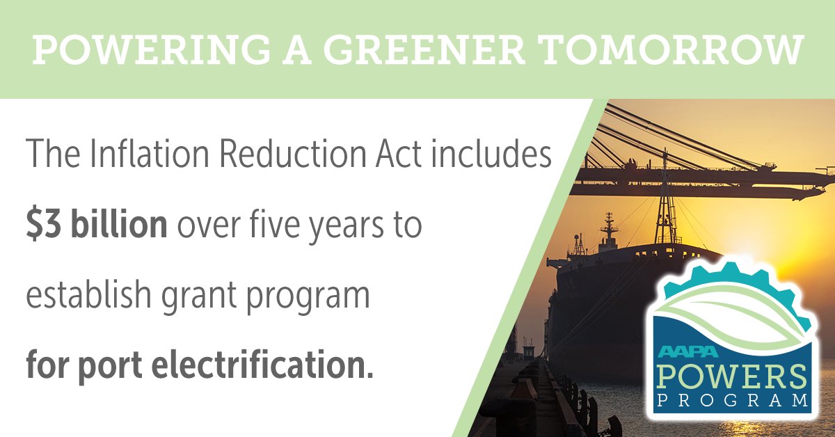 PortsUnited's tweet photo. In the final version of the #InflationReductionAct, #port #electrification remains in the bill! Big thanks for the work in keeping this crucial funding.

Electrification will go far in helping ports help America sustain more efficient, resilient, secure supply chains. ⚓️🏗️⛴️ https://t.co/QcY7zvcbeZ