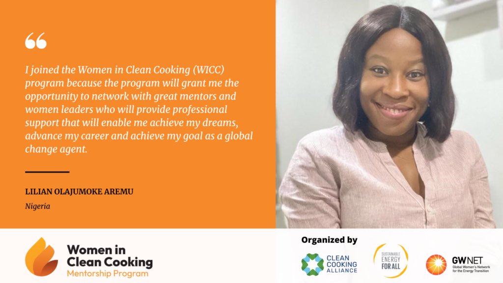 LilianAremu's tweet photo. I was opportune to be selected in June as one of the 60 women to participate in the Women in Clean Cooking (WICC) 12month mentorship program, 2022 cohort organized by @GlobalWomensNet @cleancooking @SEforALLorg.💃🏽🎉🎉
#womenincleancooking
#cleancooking
#women
#empowerment https://t.co/lptWHiueg5