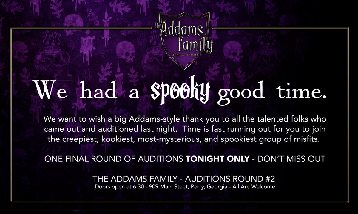 PerryPlayers909's tweet photo. We had a FANTASTIC turnout for last night’s round of auditions for our fall musical, The Addams Family! We have just ONE MORE round this evening at 7:00! Don’t miss your chance to join the amazing talent of middle GA and come audition for this hilarious production! See you at 7! https://t.co/8v3T2tPrKZ