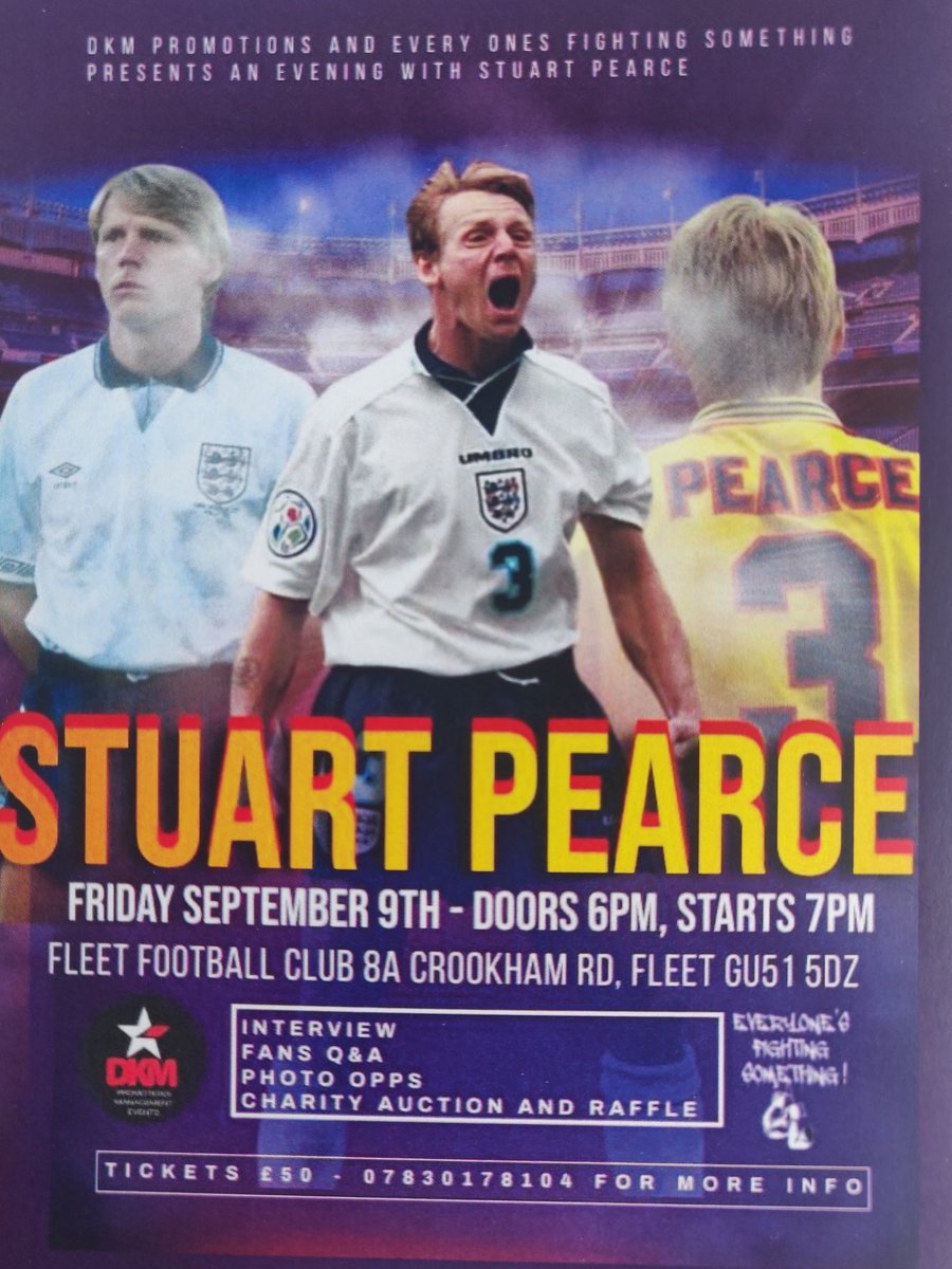 Really excited to bring this evening to you all. 09/09/22
The Legend that is Stuart Pearce is coming to Fleet Town. In partnership with DKM Promotions and Everyone's Fighting Something foundation. This is a ticket only event. Please contact  chairman@fleettownfc.co.uk
#FT2GETHER