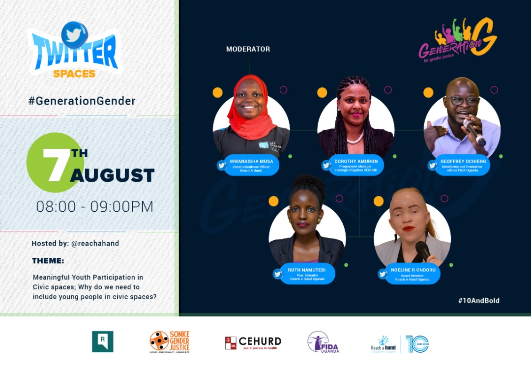 Happening now:
Engage in this timely discussion on #MeaningfulYouthParticipation in Civic space. 

Want to know why young people need to be included in Civic space? Join the space hosted by @reachahand 

#GenerationGender