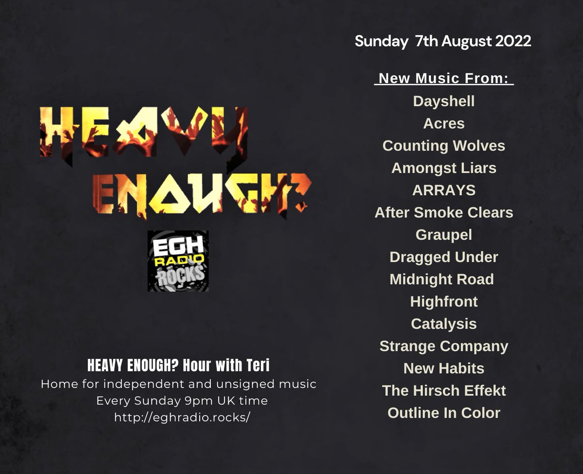 MusicMattersTee's tweet photo. Today 9pm UK time #TuneIn @EGHRocks
#HeavyEnough hour will play the great new music from-
#Dayshell @acresuk @COUNTING_WOLVES @amongstliars @ArraysBand @WeAreASC @GraupelJapan +more
#ListenHere
⇒https://t.co/aQGYmXtSH9
More Info: https://t.co/ivr7EnJbZH
#NewMusicAlert https://t.co/NdiktjwtPE