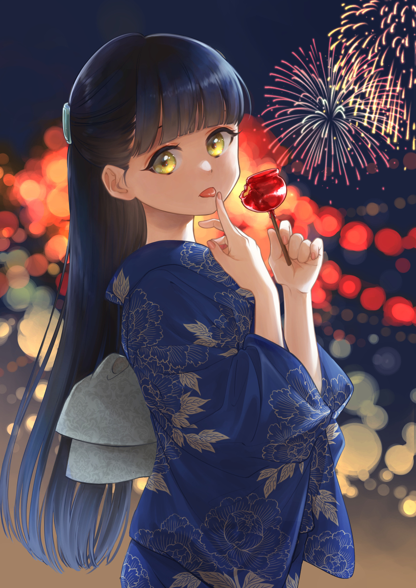 お祭り #オリジナル #女の子 #創作 #黒髪ロング #花火 #浴衣 #りんご飴