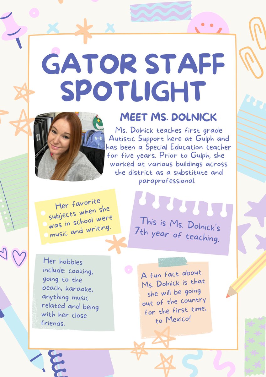Gator Staff Spotlight!🌟🐊

This week’s staff member is Ms. Dolnick! Ms. Dolnick is one of our Special Education teachers at Gulph and we are lucky to have her on the first grade team!  🎶💙🎤🌊<a href="/gulphedugator/">Mr.Dickerson</a>