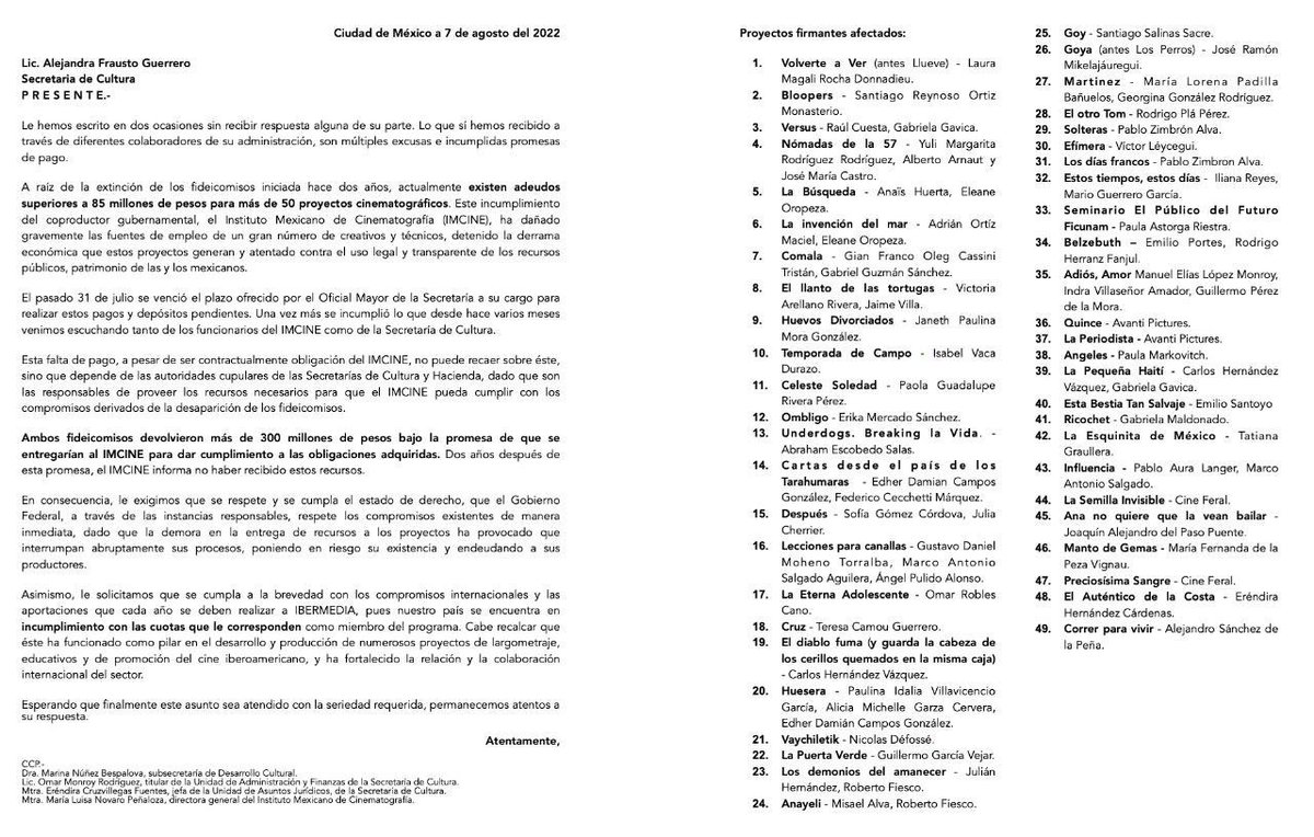 A raíz de la extinción de los #Fideicomisos; #AlejandraFrausto prometió que las películas comprometidas con #FIDECINE y #FOPROCINE, no se verían afectadas. HOY más de 50 prod se han detenido o perjudicado por falta de pago. Nota  <a href="/proceso/">Proceso</a> <a href="/cultura_mx/">Secretaría de Cultura</a> <a href="/alefrausto/">Alejandra Frausto</a> <a href="/Hacienda_Mexico/">Hacienda</a>