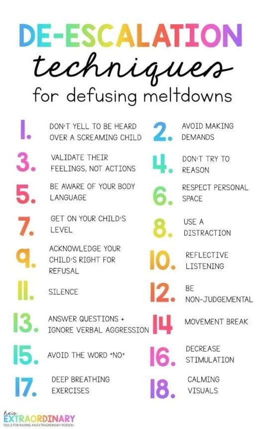 MrsIrwinHPS's tweet photo. Some great de-escalation techniques to think about #deescalation #edutwitter #asneducation #ASD #strategies https://t.co/JodCpdG33L