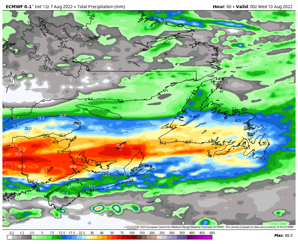 Mother nature may help out with the fires in a big way Tue! What looked like an insignificant event yesterday is looking significant today. Depending on the model (ECMWF/HRPDS below) the heavy rainfall is either just south of, or over, the areas seeing the wildfires now. #nlwx