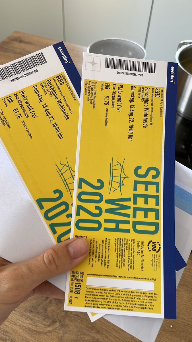 2 Tickets für SEEED in Berlin Wuhlheide am 13.08.2022 zu verkaufen. Vielleicht hat ja jemand Interesse, wir können leider nicht hin...