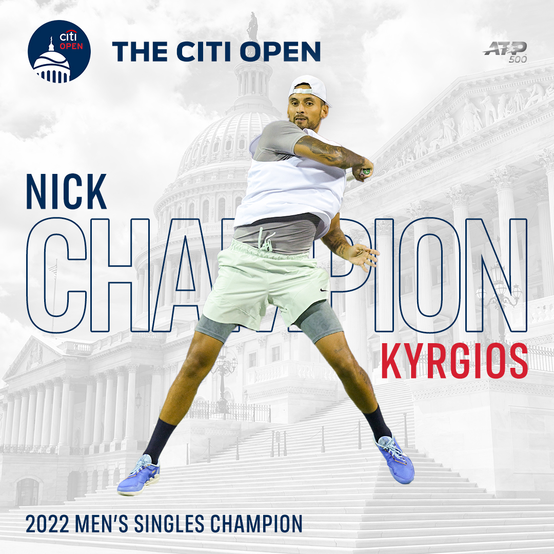 mubadaladcopen's tweet photo. Kyrgios is King in DC 🏆👑

@NickKyrgios becomes a #CitiOpen champion for the second time as he defeats Nishioka 6-4, 6-3 to take the title! https://t.co/XCGLRNogZb