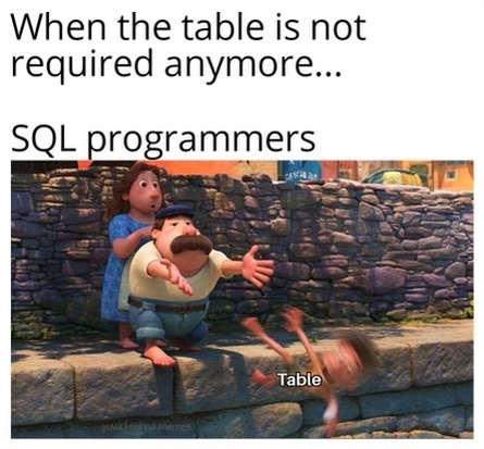 SQLGroup's tweet image. #sql #structuredquereylanguage #sqlserver #sqltables #dropatable #coding #codinghumor #sqlhumor #sqlmemes #mssql #microsoft #microsoftsqlserver #sqlebrity #sqlexpert #sqlconsultants