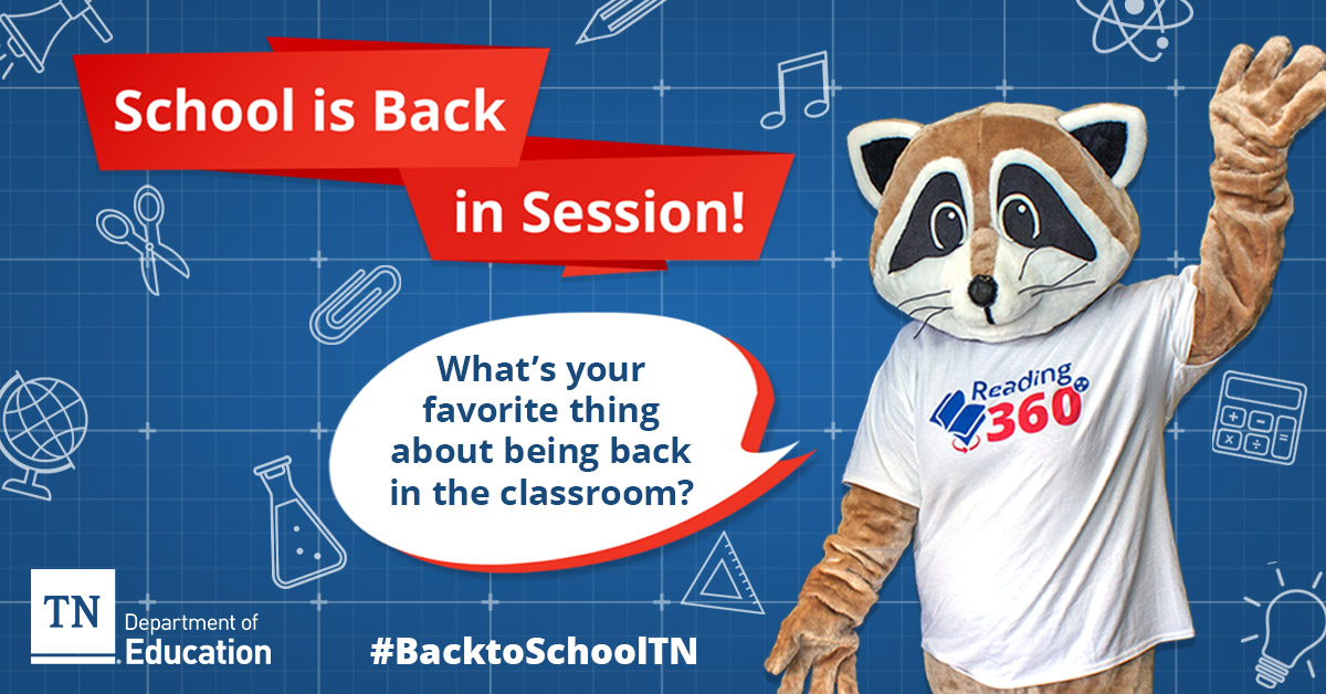 TNedu's tweet photo. TEACHERS &amp; STUDENTS: Whether it's engaging lesson plans or new school supplies, Riley the Reading Racoon wants to know what YOU are looking forward to most about being back in the classroom? 📚 #BacktoSchoolTN https://t.co/QHkEWu6nTg