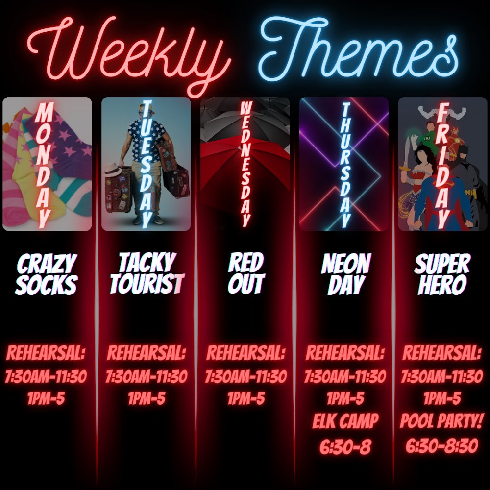 Weekly themes for the last full week of Summer Band 2022! #MarchingBand #SummerBand #SpiritOfTheElks #SotE #Burleaon #BurlesonHSBand