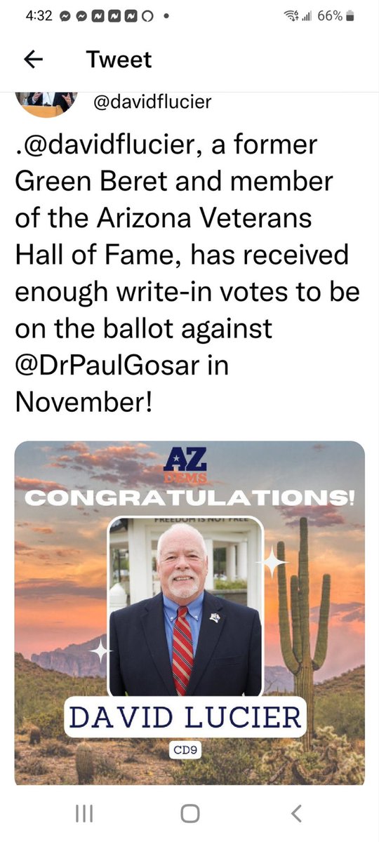 KJamake's tweet photo. @davidflucier #LucierForArizona #Lucier4CongressAZ #Veteran #GreenBeret #DefeatGosar #AZ #Arizona #DefeatFascism #DefeatExtremism #VoteBlueToSaveDemocracy #VoteBlueForFreedom #DemocratsDeliver https://t.co/HYeNHGWSlD