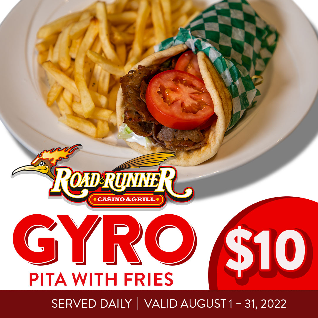 sandia_casino's tweet photo. #August #dining #deals at #Roadrunner are hot! 🔥
#Enjoy our #delicious #GyroPita w/ #Fries for just $10 all month! 🥙
#sandia #sandiacasino #sandiaresort #casino #resort #augspecial #casinodining #diningspecial #diningdeal #grill #gyro #gyrospecial #roadrunnergrill #special https://t.co/DV1OYPsgxt