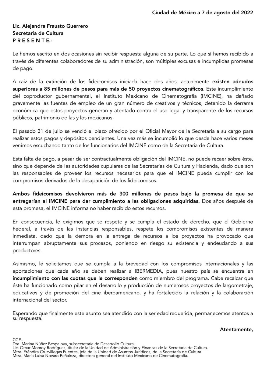 A raíz de la extinción de los #Fideicomisos, <a href="/alefrausto/">Alejandra Frausto</a>
 prometió que las películas comprometidas con #FIDECINE y #FOPROCINE no serían afectadas. HOY más +50 producciones están detenidas o perjudicadas x falta de pago #CumplanSuPalabra <a href="/Hacienda_Mexico/">Hacienda</a>