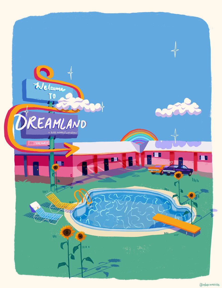 “welcome to DREAMLAND, a <a href="/GlassAnimals/">Glass Animals</a> certified chain,” a pool painting in the style of david hockney in honour of dreamland turning 2 years old today. <3