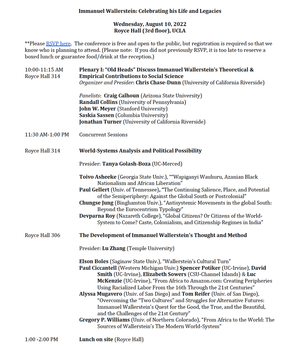 ManuelaBoatca's tweet photo. The conference in honor of the life and legacy of @iwallerstein, sponsored by @ASAPEWS, will be held at @UCLA on August 10, 10 am-6 pm (California time). 
Plenaries will be livestreamed, recordings of concurrent sessions made available later. Check it out!
https://t.co/MgYFwVds6X https://t.co/aosqOWYWtJ