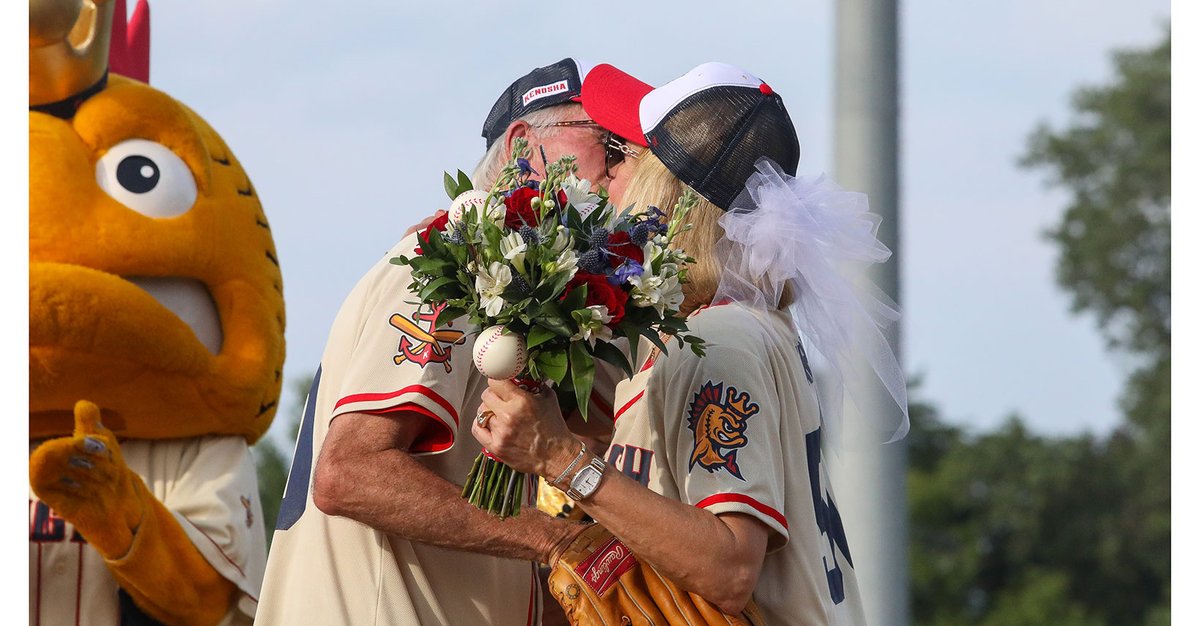 Kenoshadotcom's tweet photo. In front of family, friends and baseball fans Saturday night at Simmons Field, Kenosha's Kurt and Terri Wruck celebrated their 50th wedding anniversary by renewing their vows with help from the @KenoshaKingfish 

To read more click --> https://t.co/TxM8ON2oKo https://t.co/q258TvnPLZ