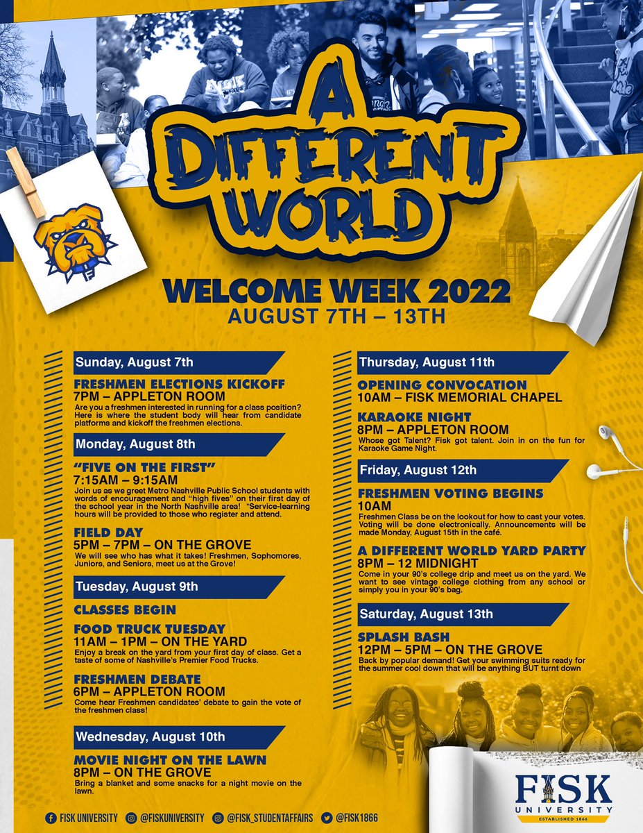 It’s “A Different World” at Fisk University! 

Welcome back to the destination HBCU for YOU! To our new and returning students, get ready for an exciting academic year as we kick off the semester with Welcome Week 2022! Go, Bulldogs!
#Fisk1866 #WelcomeWeek #FiskForever