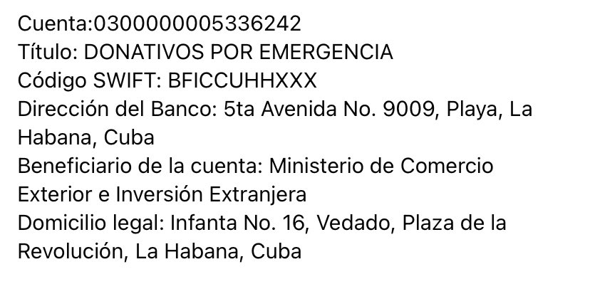 Para todos los amigos que quieran ayudar a Cuba económicamente por el accidente en Matanzas,para resarcir los daños.

La ÚNICA CUENTA de ayuda es esta, no ninguna otra. Es la que se recomienda por parte del gobierno cubano y en España ya la Embajada la ha hecho pública👇🏻