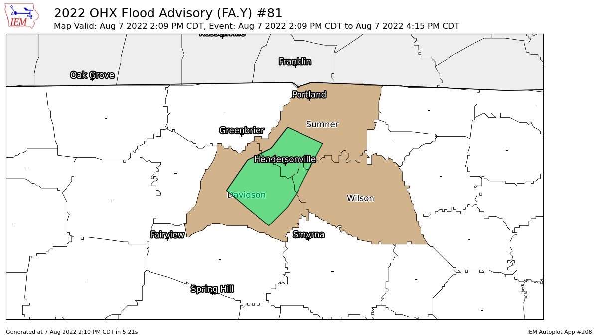 OHX issues Flood Advisory for Davidson, Sumner, Wilson [TN] till Aug 7, 4:15 PM CDT mesonet.agron.iastate.edu/vtec/f/2022-O-…
