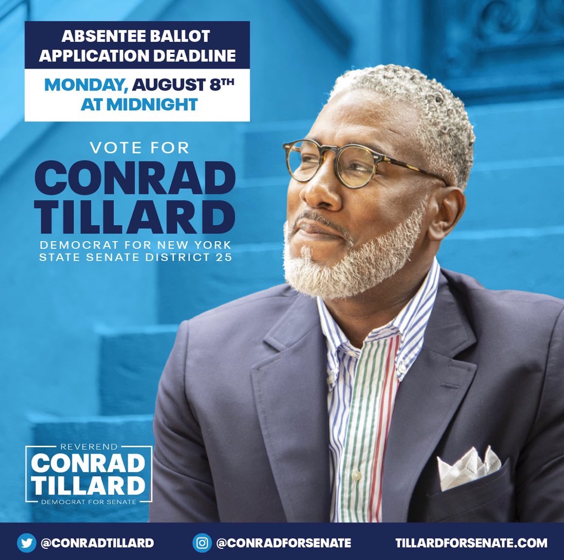 Did you know you have multiple ways to cast your vote?
 
You can vote in person - early or on Election Day, or by Absentee Ballot. 8/8 at Midnight is the deadline to request your Absentee Ballot online or by mail. Don't miss a chance to make your voice heard! #tillardforsenate