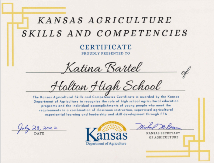 holtonFFA's tweet photo. Congratulations to Katina Bartel on receiving the Kansas Agriculture Skills and Competencies Certificate from the Kansas Department of Agriculture. Outstanding leader and future agriculturalist. Good Luck at Barton County this fall. #weareholton https://t.co/WoYtN7cxOV